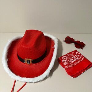Red Unisex Christmas Cowboy Hat Set With Upturned Brim and Fluffy Feathers